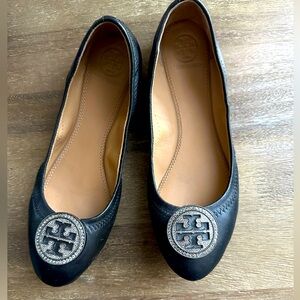Tory Burch Black Flats with rhinestone buckle. Excellent condition.